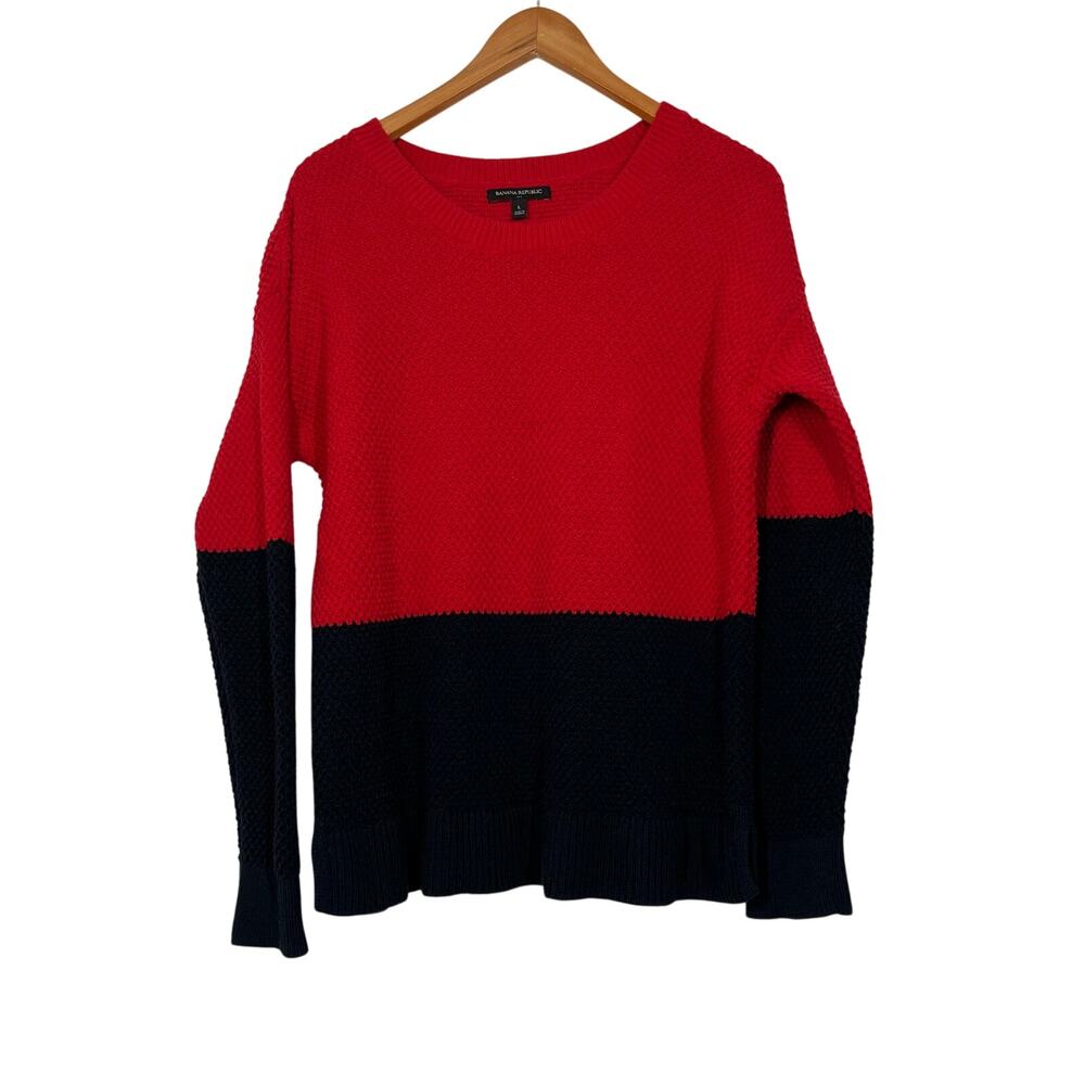 Banana Republic Color Block Cotton Blend Pullover‎ Sweater Sz L Red Navy Blue
